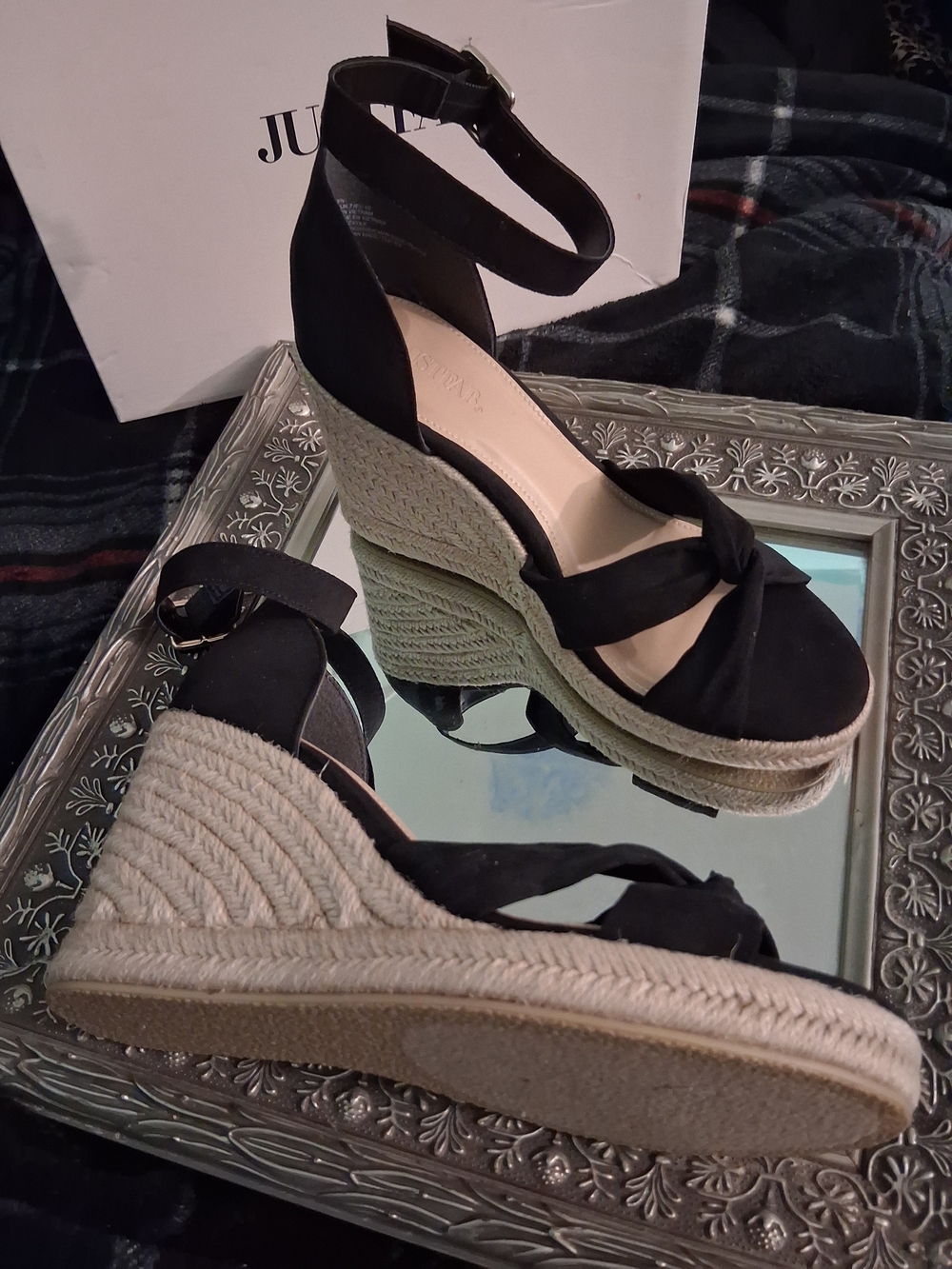 JustFab Black Espadrille Wedge Sandals with Ankle Strap